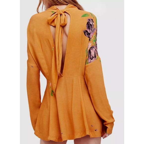 FREE PEOPLE Mustard Yellow Purple Floral Long Sleeve Open Back Mini Dress Large - Picture 2 of 9
